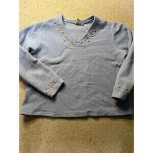 LL Bean Fleece Top Women's XL Blue Embroidered Flowers V Neck Cottage